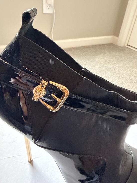 Women’s Black Patent Pointed-Toe Ankle Booties with Gold Stiletto Heel